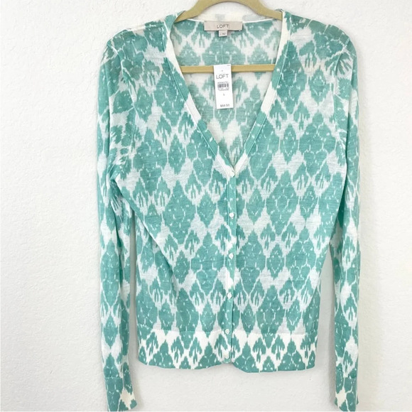 NWT Loft Women's Lightweight Knit Cardigan Geo Print Mint Green Size L - Picture 1 of 8